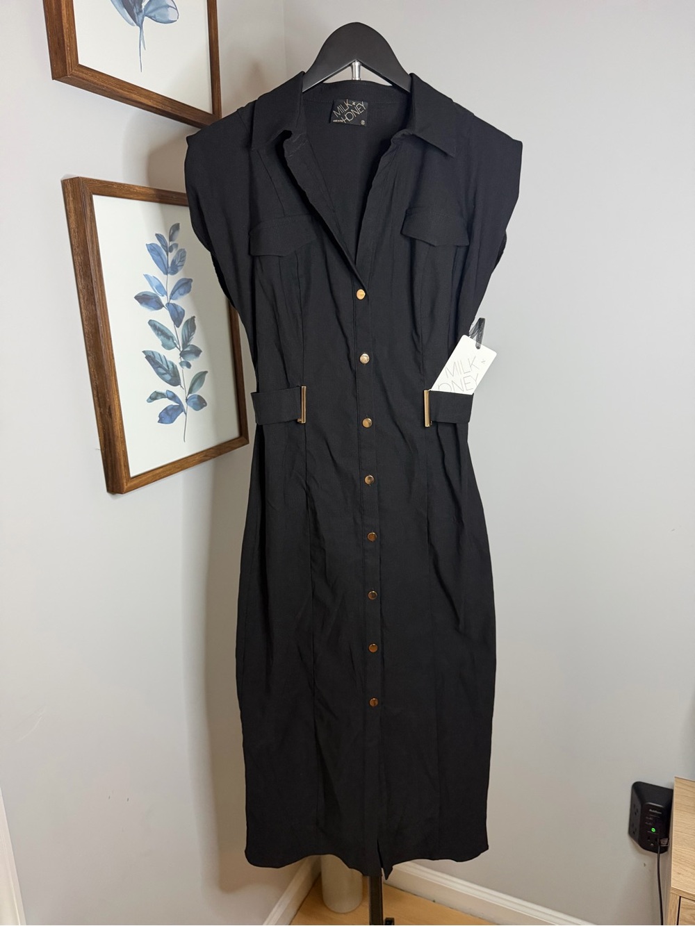 Milk & Honey Black Midi Dress with Gold-Tone Buttons